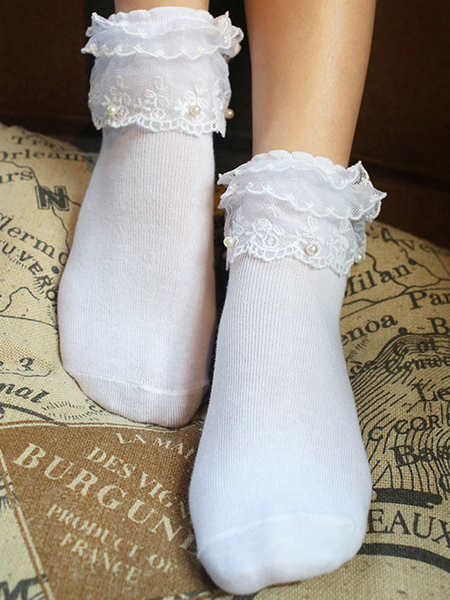 Image of Classic Lolita Socks Lace Pearls Ruffles Layered White Lolita Socks