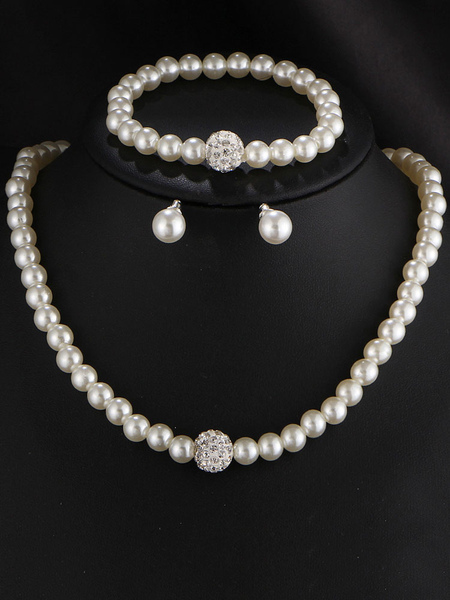 Image of Completi gioielli matrimonio in lega d'acciaio biancl eleganti gioielli Set orecchini a bottone&bracialetti&collana