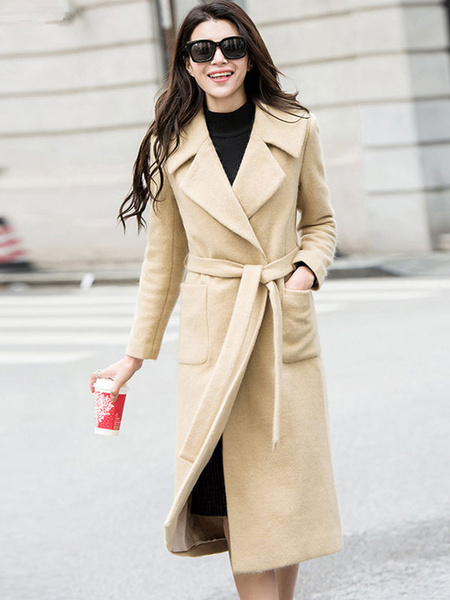 

Milanoo Apricot Winter Coat Long Sleeve Notch Collar Slim Fit Women' Wool Wrap Coats, Apricot;black