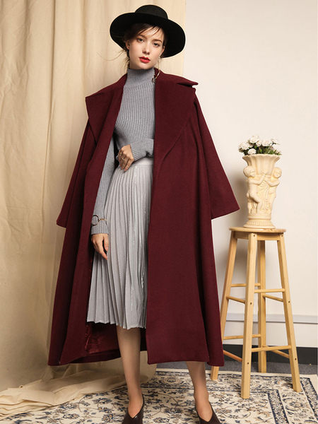 

Burgundy Winter Coat Long Sleeve Notch Collar Women's Wool Coats