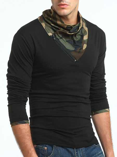 

Black T Shirt Long Sleeve Color Block Designed Neck Men's Top