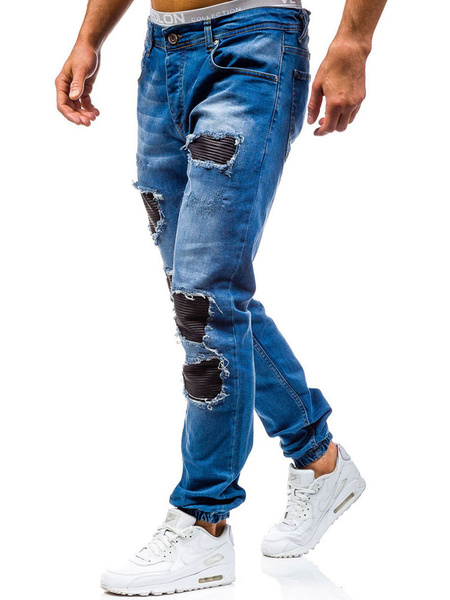 

Blue Denim Jeans Men's Patchwork Straight Long Ripped Jeans