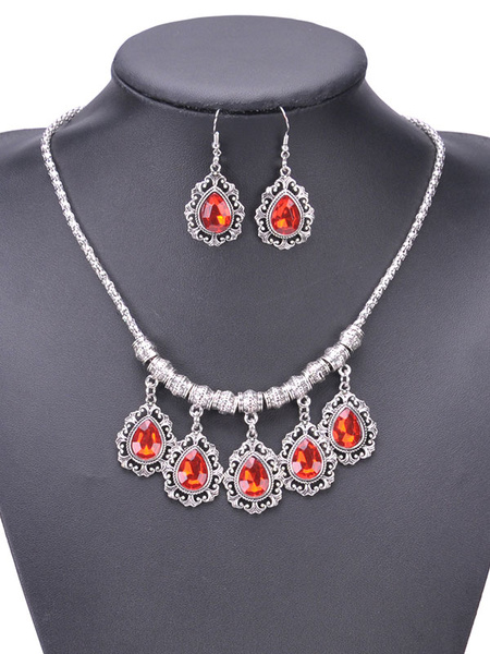 

Red Necklace Set Gems Jeweled Fringes Women's Ethnic Party Necklace With Drop Earring