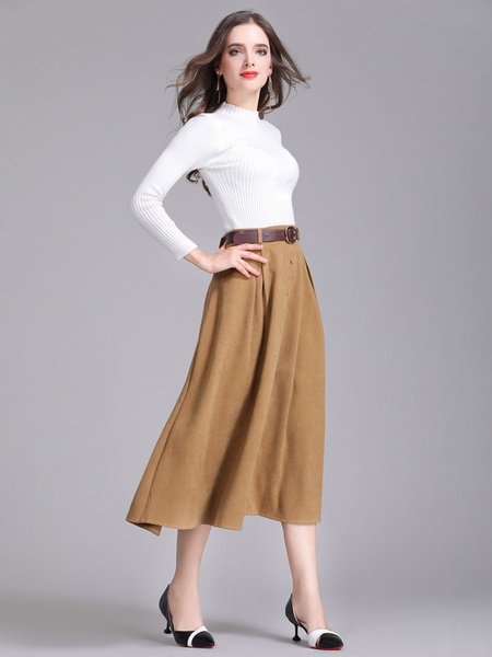 

Suede Khaki Skirt Buttons Decor Pleated Women's Flare Dress With Belt