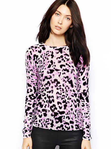

Pink Women Sweater Long Sleeve Knit Sweater Leopard Print Pullover For Women