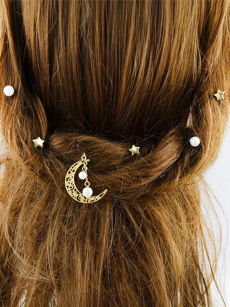 

Golden Hairpin Set Pearls New Moon Embossed Women's Hair Clips