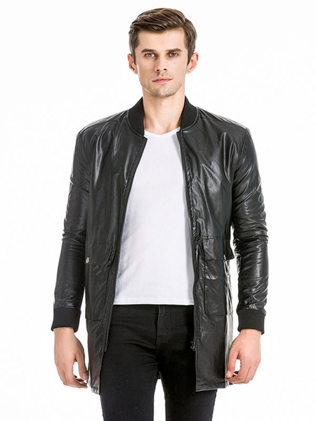 

Black Leather Jacket Stand Collar Long Sleeve Front Zip Men Jacket