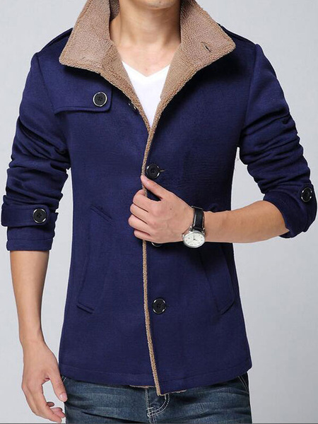 

Black Winter Jacket Long Sleeve Turndown Collar Shearling Coat For Men