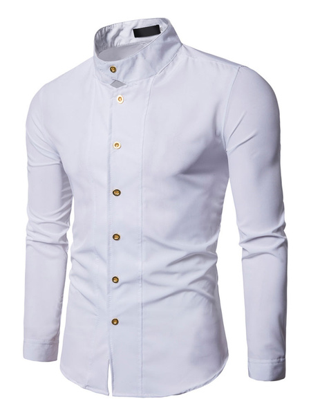 

White Men Shirt Long Sleeve Shirt Stand Collar Long Sleeve Slim Fit Cotton Shirt