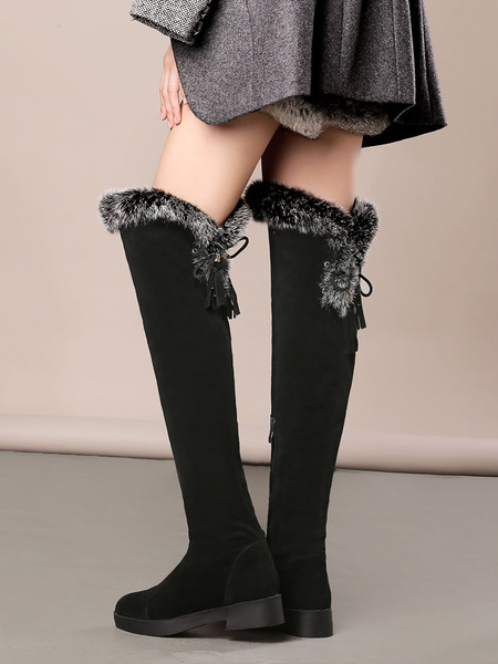 

Black Over Knee Boots Women Suede Boots Round Toe Faux Fur Detail Winter Boots
