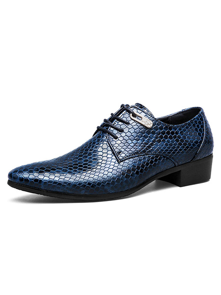 

Blue Dress Shoes Pointed Toe Business Casual Shoes Snake Pattern Printed Men Shoes