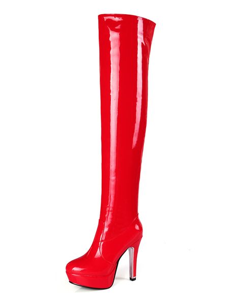 

Milanoo Platform Thigh High Boots Womens Patent Leather Round Toe Stiletto Heel Over The Knee Boots, Ture red;black