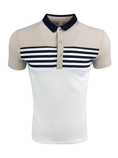 

White Polo Shirt Men T Shirt Turndown Collar Shirt Sleeve Striped Slim Fit Cotton Top