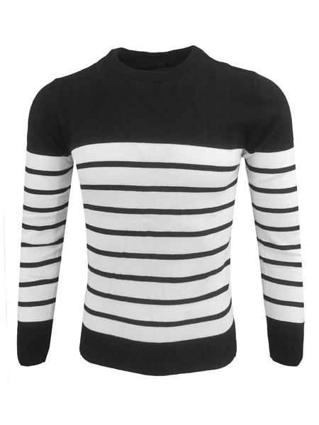 

Black Sweater Men Pullover Sweater Round Neck Long Sleeve Striped Casual Top
