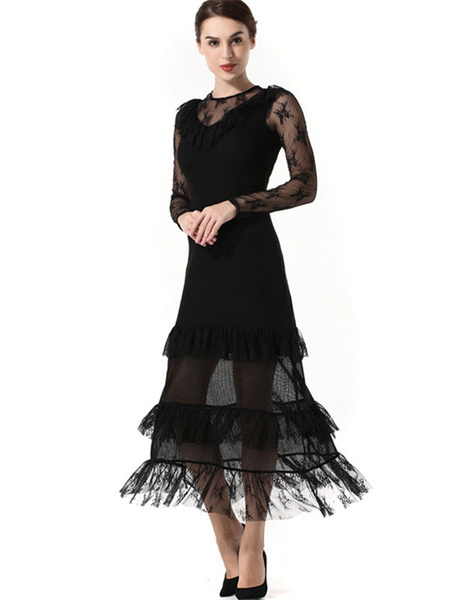 

Black Maxi Dress Women Long Dress Illusion Round Neck Long Sleeve Layered Slim Fit Dress