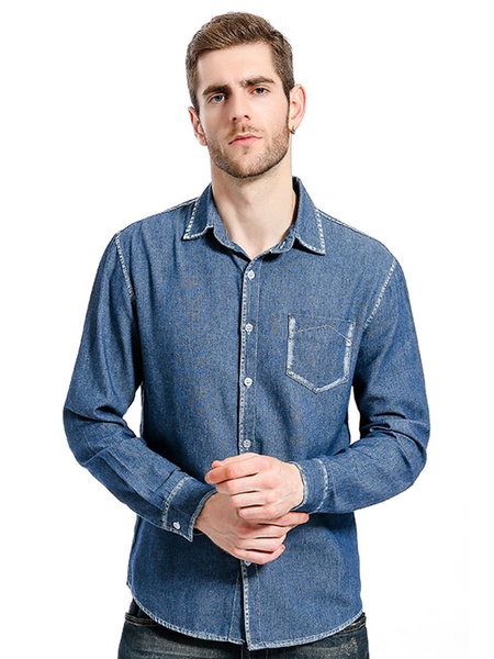 

Men Denim Shirt Blue Casual Shirt Turndown Collar Long Sleeve Regular Fit Top