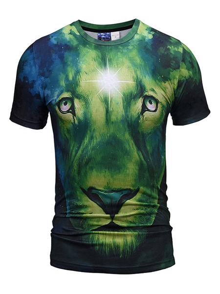 

Short Sleeve T Shirt Men T Shirt Green Round Neck Printed Slim Fit Casual Top