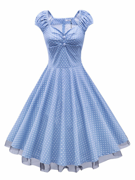 

Women' Vintage Dress Polka Dot Light Blue Fit Flare Retro Ruched Dress, Deep blue;light sky blue