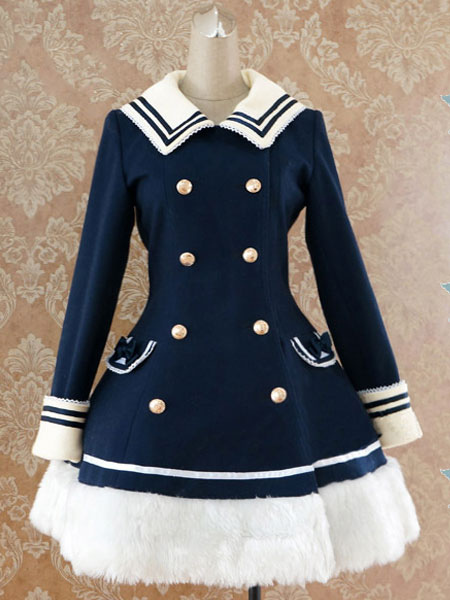 Image of Blu navy Sailor controllato vita stile Lolita cappotto