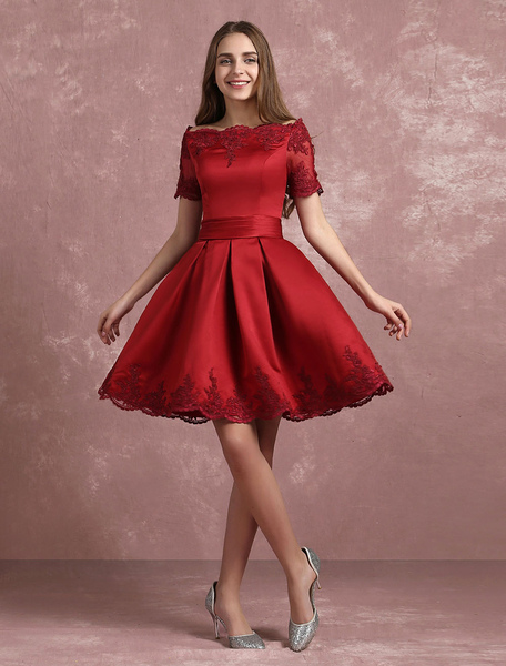 

Burgundy Homecoming Dress Bateau Lace Applique Short Prom Dress Satin Short Sleeve Pleated A Line Pa, Ture red