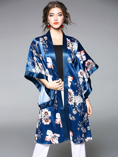 

Silk Women Kimono Floral Print Half Sleeve Blue Women Oversized Top