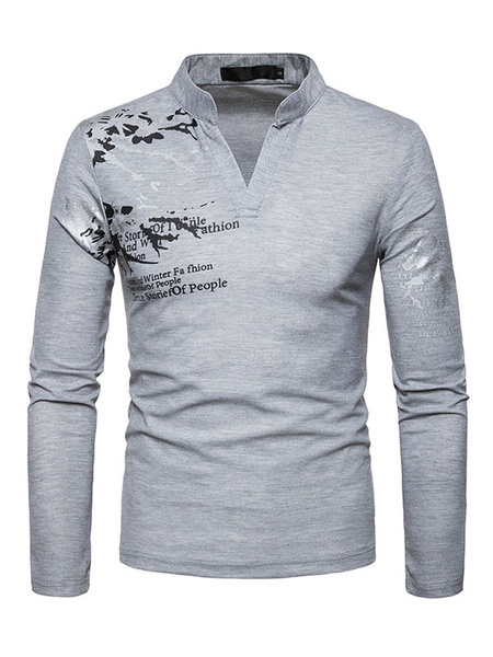 

Men T Shirt Long Sleeve V Neck Floral Printed T Shirt Grey Cotton Top