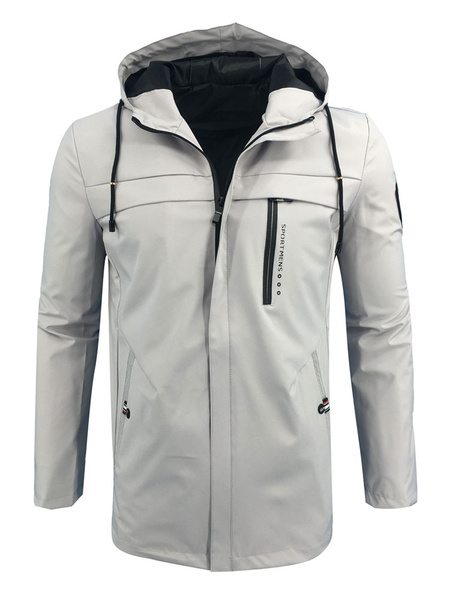 

Grey Spring Jacket Men Windbreaker Jacket Hooded Long Sleeve Zip Up Short Jacket