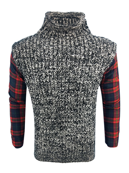 

Grey Pullover Sweater Men Sweater High Collar Long Sleeve Plaid Slim Fit Casual Top