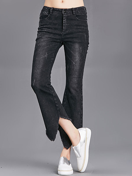 

Women Skinny Jeans Black Cropped Irregular Bottom Denim Jeans