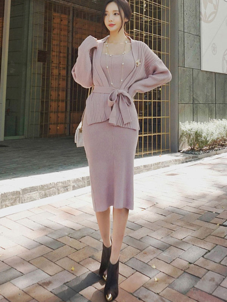 

2 Piece Dress Outfit Women Pink Bodycon Dress With Cardigan