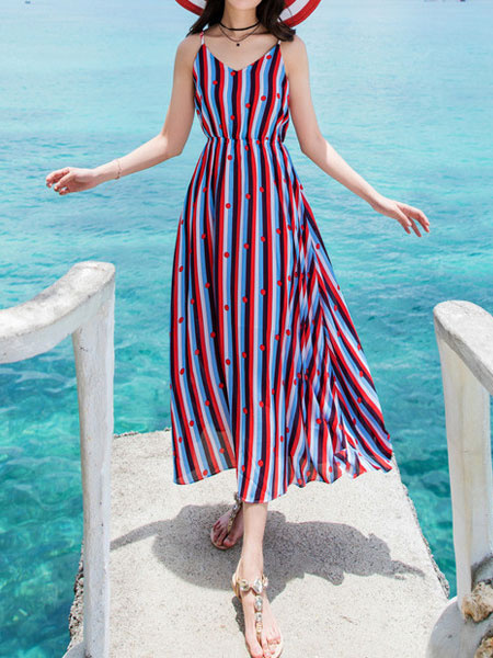 

Maxi Summer Dress Women Chiffon Stripes Polka Dot Beach Dress