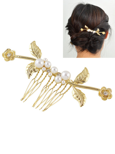 

Gold Hairpin Women Pearls Flowers Shape Hair Combs