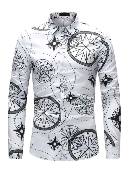 

Shirt White Men Turndown Collar Geometric Print Cotton Spring Shirt Long Sleeve