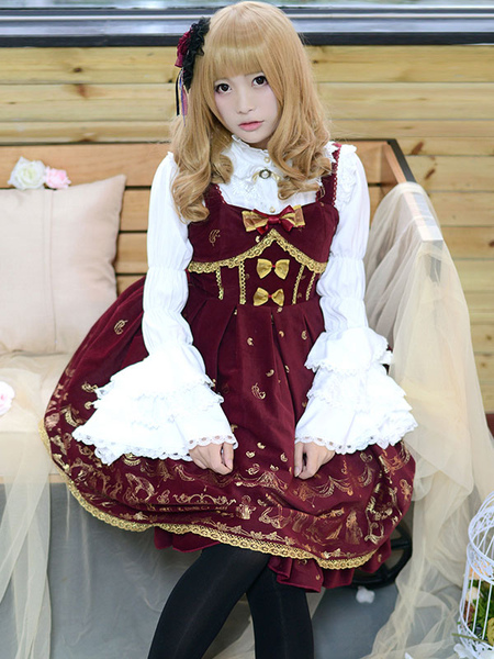 Image of Camicetta Lolita gotica cotone misto maniche lunghe con colletto alla coreana con annodature fiocchi con pizzo neverland