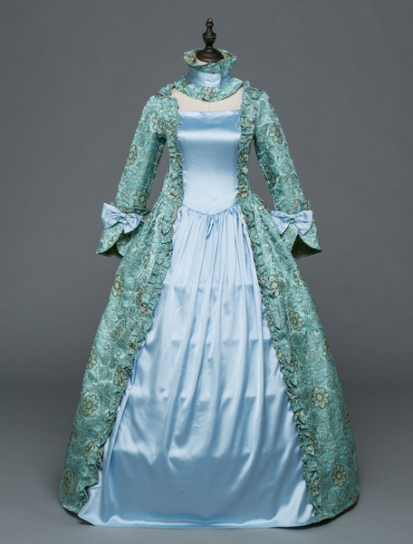 Image of Costume retrò di Halloween Abito vittoriano Abito da ballo in travestimento barocco floreale blu chiaro costume vintage manica lunga