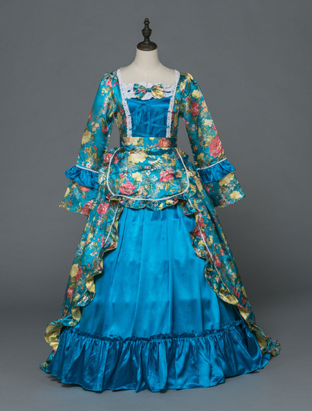 Image of Costume da donna retrò barocco Victoria Ball Gowns Royal maniche lunghe blu Vintage Halloween Costume Abiti
