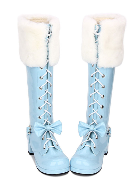 Image of Sweet Lolita Boots Faux Fur Lace Up Bow Chunky Heel Blue Lolita Stivali coscia alti
