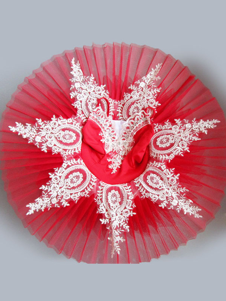 Image of Carnevale Vestito da balletto Vestito da ballerina a pieghe in pizzo Costumi da ballo di balletto rosso Halloween