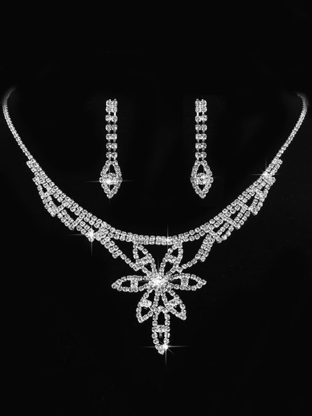 Image of Set di collana di nozze in argento con strass che borda nappe ciondola orecchino set di gioielli da sposa