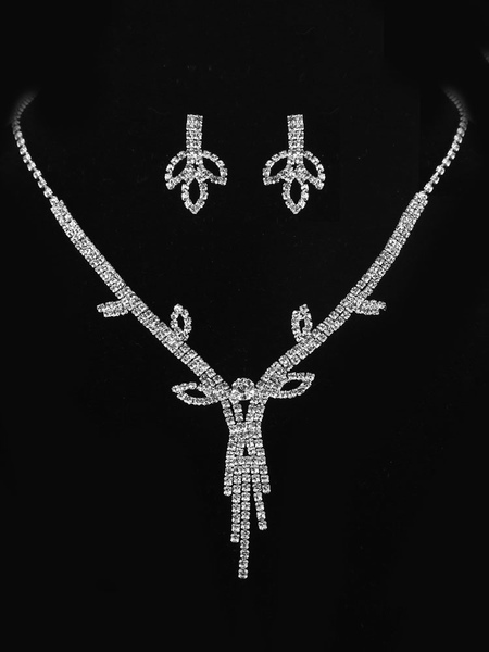 Image of Set di gioielli da sposa Set di collana di foglie Nappe d&#39;argento Strass Gioielli da sposa