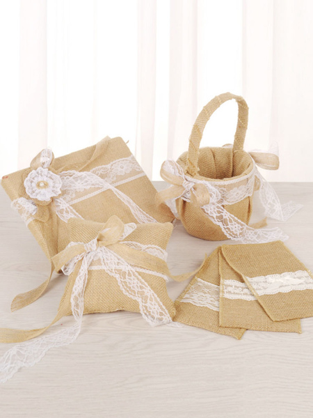 

Milanoo Rustic Wedding Collection Set Linen Light Brown Lace Bows Burlap Supplies 4 Pcs