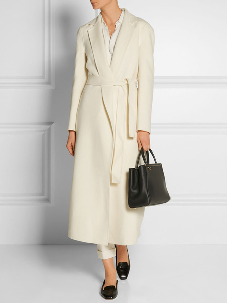 Milanoo White Wool Coat Women Wrap Coat Pockets Turndown Collar Long Sleeve Winter Coat  - buy with discount