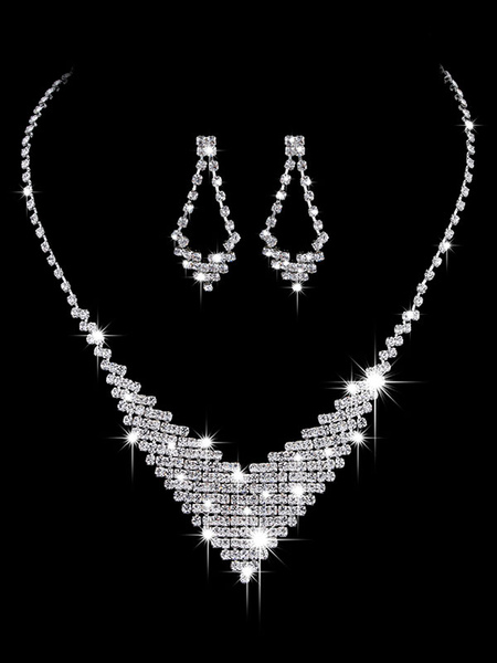 Image of Set per collana di nozze Set di orecchini di strass in argento Set di orecchini da sposa e collana