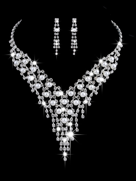 Image of Set di collana di nozze argento nappe perle di strass gioielli vintage set orecchini e collana nuziale