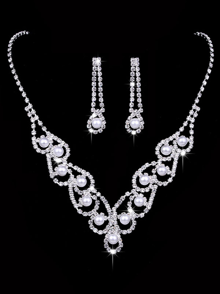 Image of Collana di perle di nozze Set di orecchini di strass argento Set di gioielli vintage e orecchini da sposa