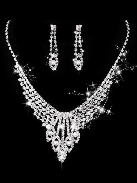 

Milanoo Wedding Necklace Set Silver Pearls Earrings And Necklace Rhinestone Bridal Jewelry Set