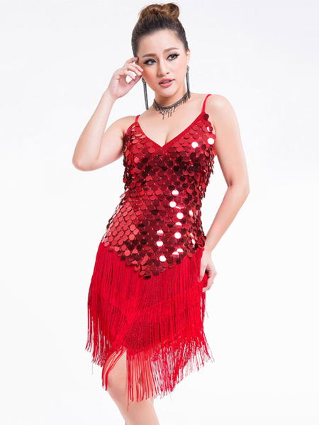 Image of Carnevale Danza latina abiti rossi donne paillettes nappe halter breve costume da ballo sexy Halloween