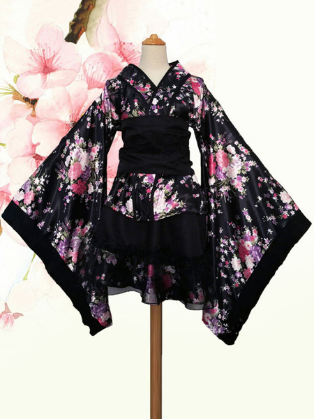 Milanoo Japanese Kimono Costume Female Lolita Dress Maid Cosplay Anime Set, Black  - buy with discount