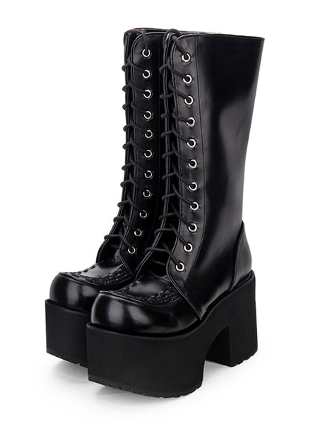 

Milanoo Gothic Lolita Boots Grommet Lace Up Zipper Platform High Heel Black Lolita Thigh High Boots