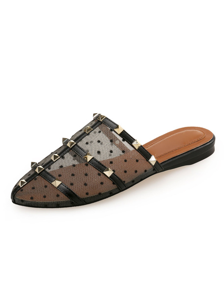 Women Mules Shoes Black Round Toe Patchwork Rivets Backless Flat Shoes